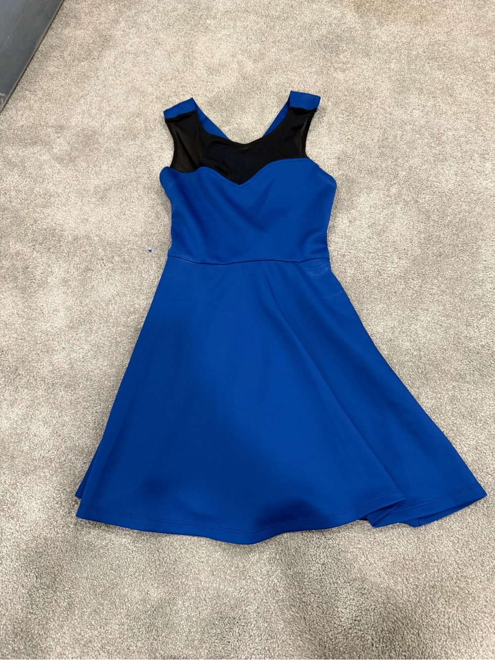 Blue Sleeveless Fit-and-Flare Dress with Black Mesh Yoke